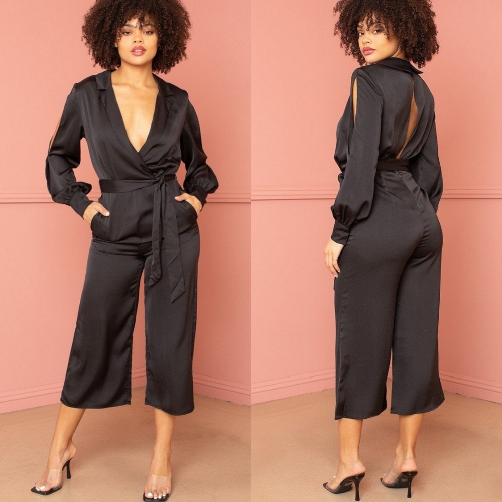Symphony Black Satin Effect Notched Collar Self-Tie Belt Back Cut-Out Detail